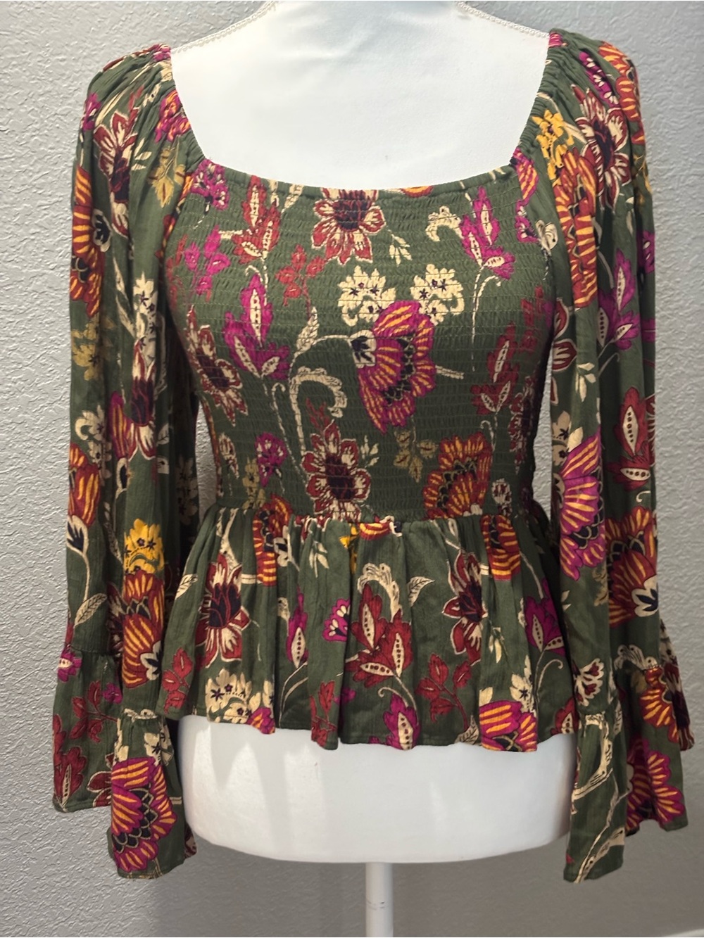 Angie Olive Green Floral Smocked Peplum Blouse